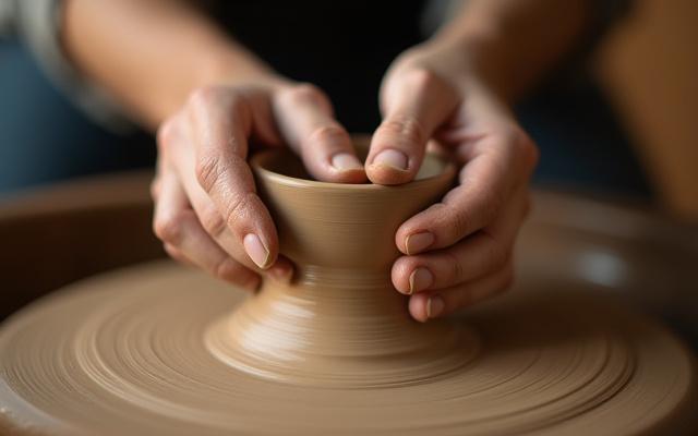 Eine Detailaufnahme von Händen, die feuchten Ton auf einer Töpferscheibe formen, symbolisiert die Grundlagen des Töpferns für Anfänger.