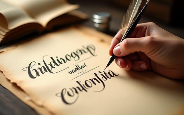 Ein Kalligraphie-Künstler, der mit Tinte und Feder auf Pergament schreibt, verschiedene Kalligraphie-Stile zeigend.