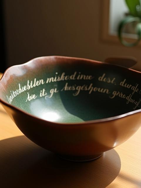 Große Keramikschale mit einem eleganten kalligraphierten Spruch am Rand