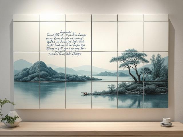 Große Wandfliese aus Keramik mit einer kalligraphierten Landschaftsdarstellung