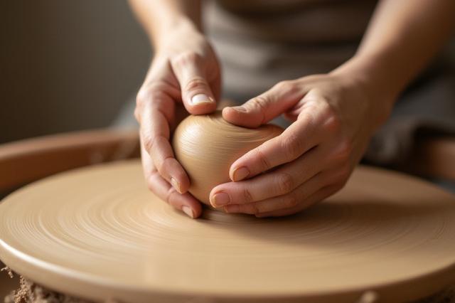 Hände formen Ton auf einer Töpferscheibe