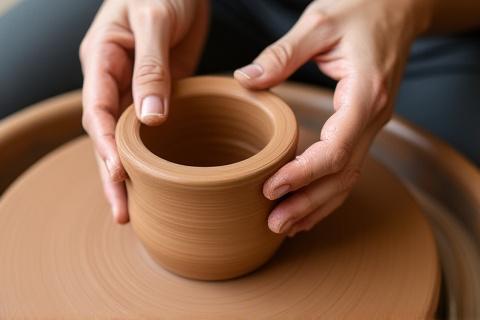 Hände formen einen Ton becher auf der Töpferscheibe