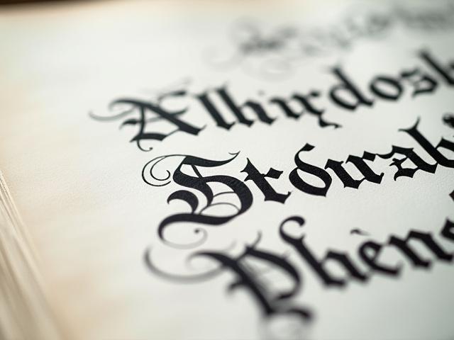 Detailansicht eines Textes in Fraktur-Schrift, charakterisiert durch gebrochene und spitze Buchstabenformen