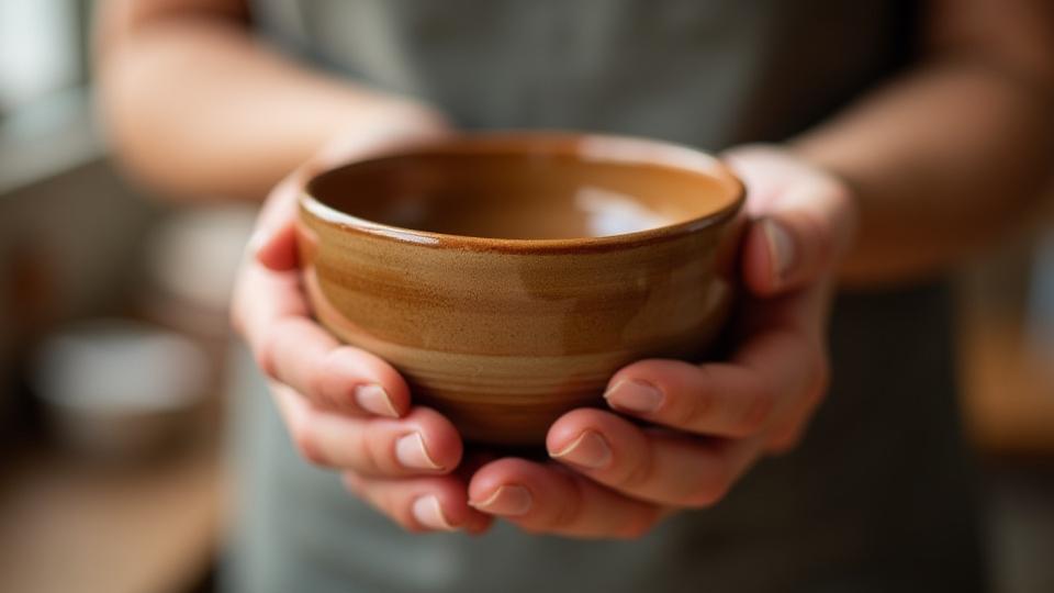 Eine Hand hält eine wunderschön glasierte Keramikschale mit warmem Licht