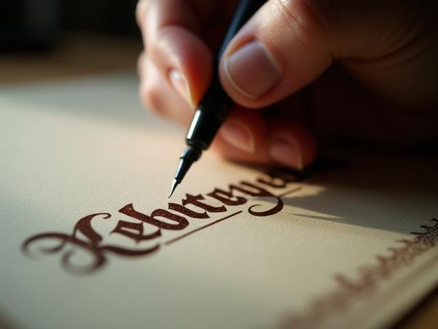 Eine Hand hält einen Kalligraphiestift und schreibt elegante Buchstaben