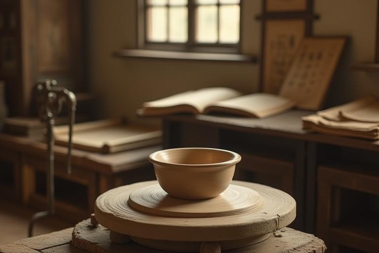 Historisches Foto eines traditionellen Töpferateliers mit alter Kalligraphie auf Holztafeln