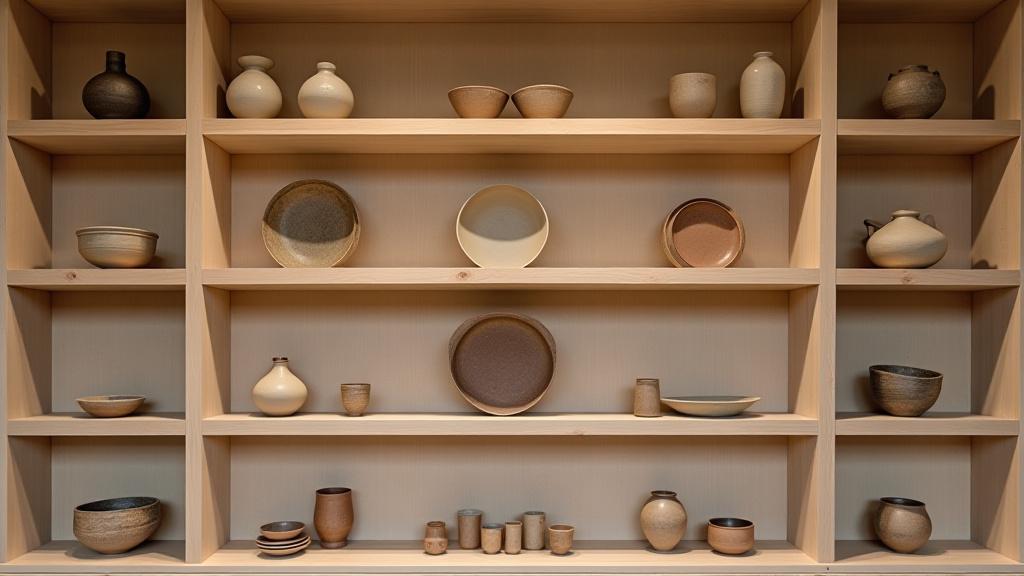 Regale voller fertiggestellter Keramikarbeiten, einige mit kalligraphischen Details verziert